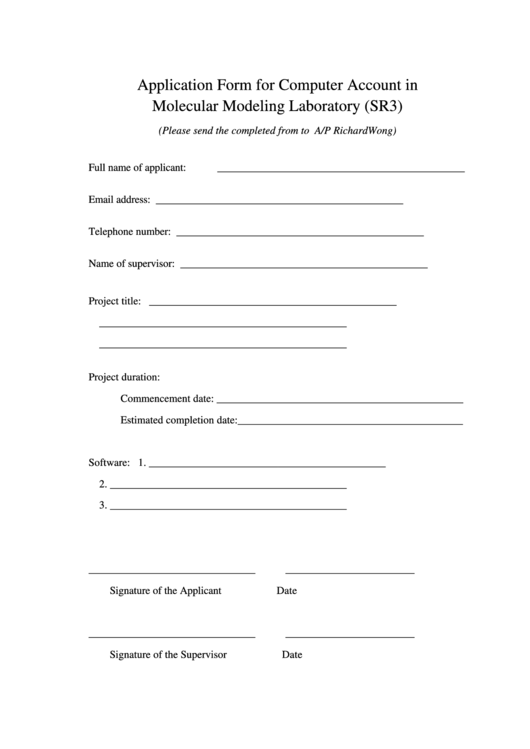 Application Form For Computer Account In Molecular Modeling Laboratory (Sr3) Printable pdf