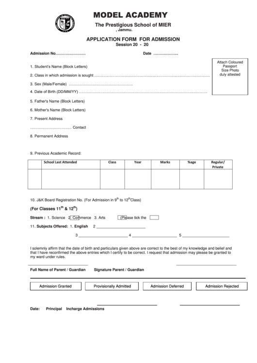 Admission Form - Model Academy School Printable pdf