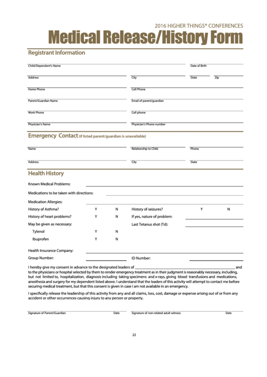 Medical Release/history Form Printable pdf