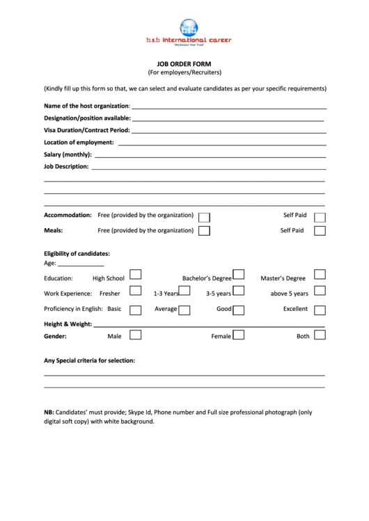 Job Order Form (For Employers/recruiters) Printable pdf