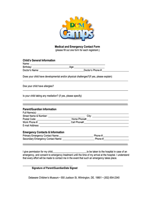 Child's General Information And Emergency Contact Form
