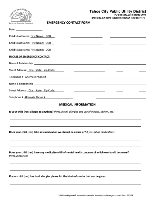 Fillable Emergency Contact Form Printable pdf