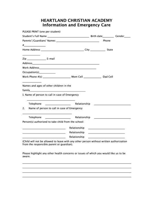 Information And Emergency Care Form