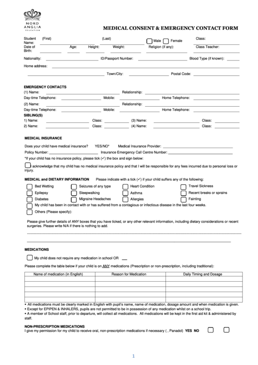 Fillable Medical Consent & Emergency Contact Form Printable pdf