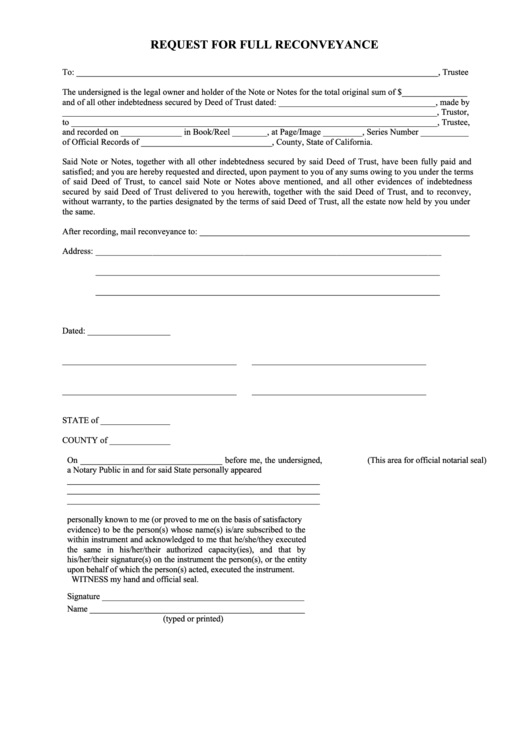 Request Form For Full Reconveyance Printable pdf