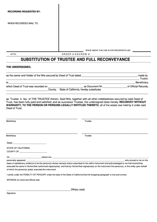 Fillable Substitution Of Trustee And Full Reconveyance Form - State Of California Printable pdf