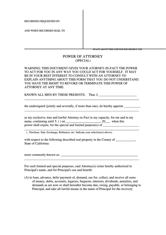 Fillable Power Of Attorney (Special) Form - State Of California Printable pdf
