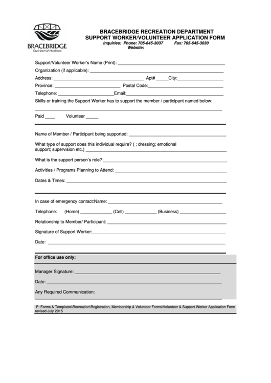 Support Worker/volunteer Application Form Printable pdf