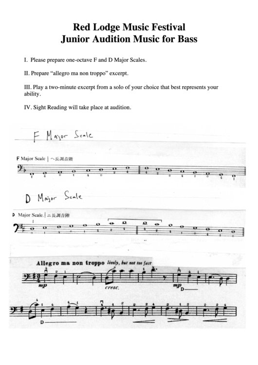 Junior Audition Music For Bass F And D Major Printable pdf