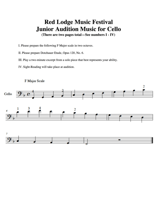 Red Lodge Music Festival Junior Audition Music For Cello (F Major Scale) Printable pdf