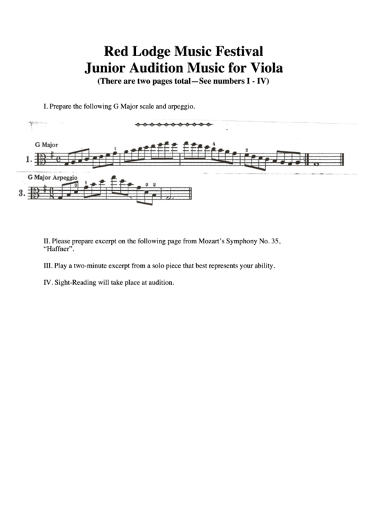 Junior Audition Music For Viola Printable pdf