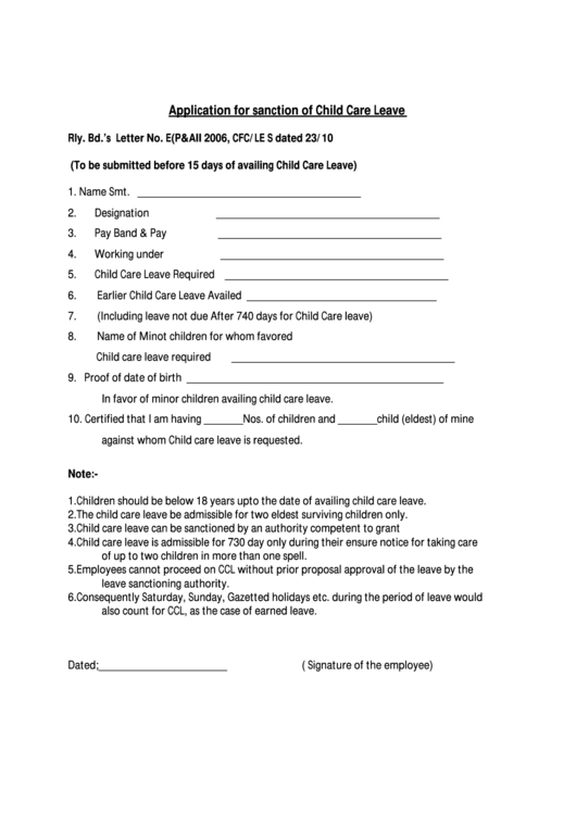 Application For Sanction Of Child Care Leave Printable pdf
