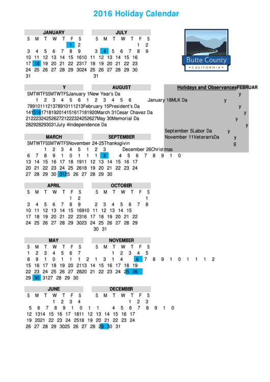 2016 Holiday Calendar Template Printable pdf