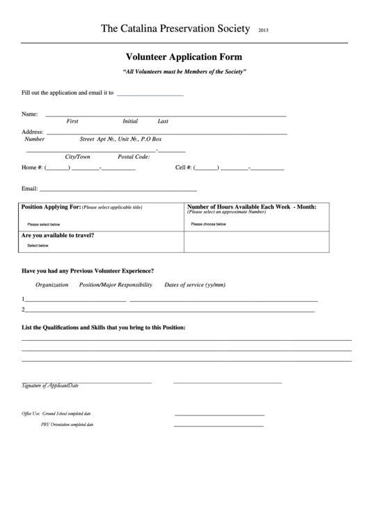 Fillable Volunteer Application Form Template Printable pdf