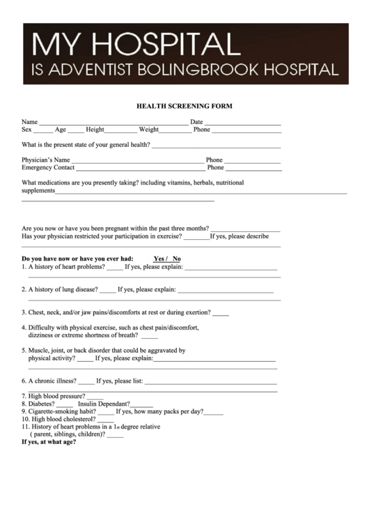 Health Screening Form Printable pdf