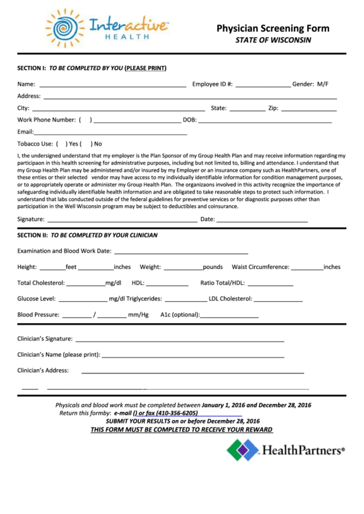 Physician Screening Form Printable pdf
