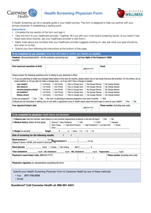 Health Screening Physician Form Printable pdf
