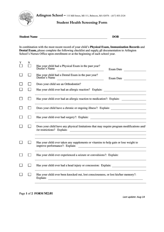 Student Health Screening Form Printable pdf