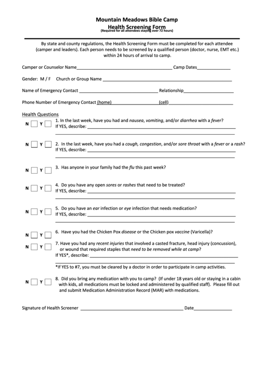 Camp Health Screening Form Printable pdf