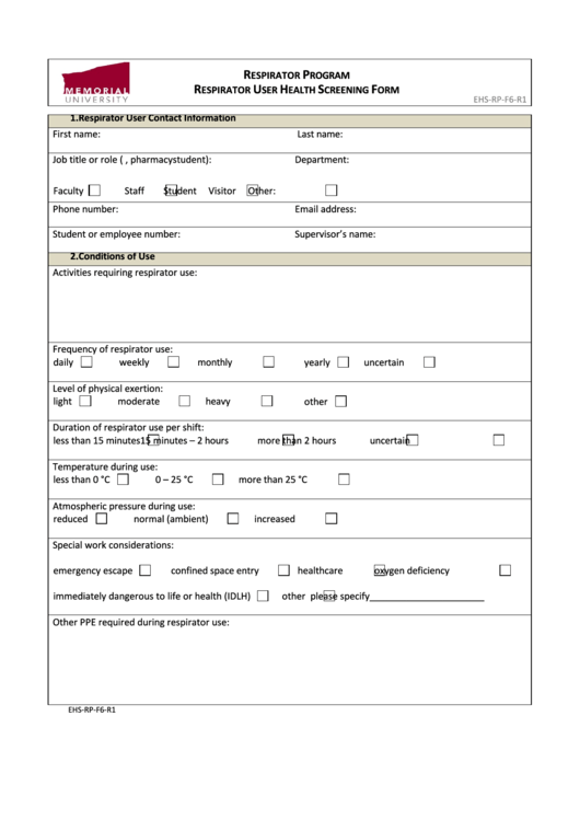 Respirator User Health Screening Form Printable pdf