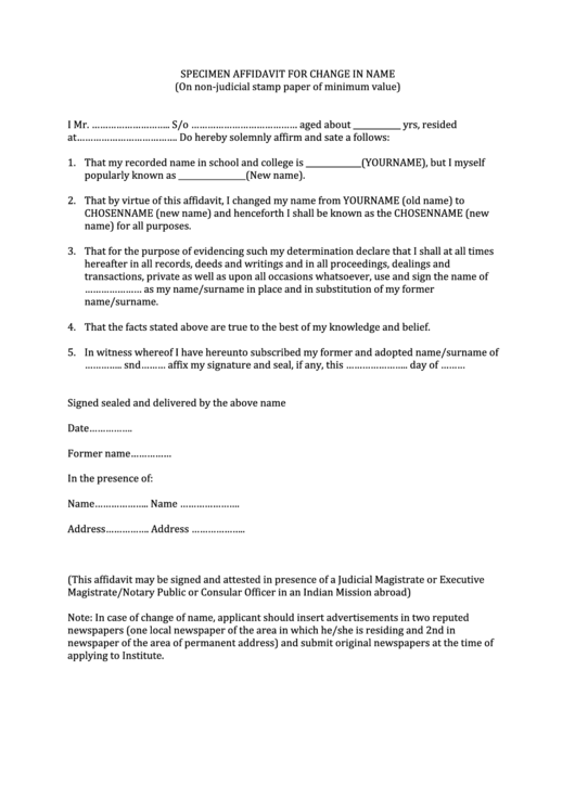 Specimen Affidavit For Change In Name Printable pdf
