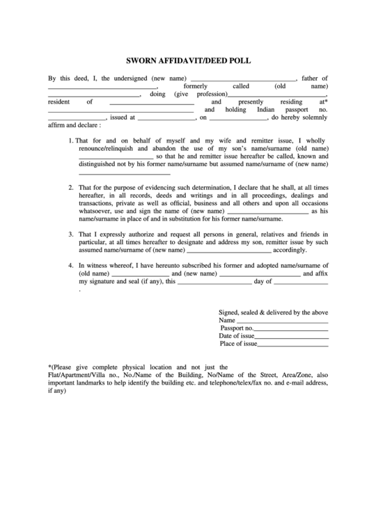 Sworn Affidavit/deed Poll - Name Change For Minor Printable pdf