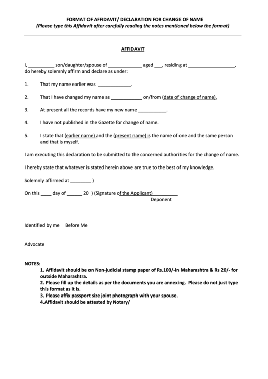Format Of Affidavit For Change Of Name After Marriage Printable pdf
