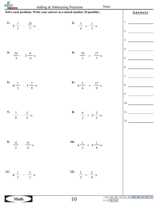 Adding And Subtracting Fractions Worksheet With Answer Key Printable pdf