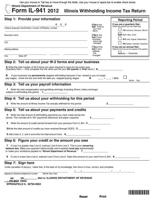 Fillable Form Il-941 - Illinois Withholding Income Tax Return - 2012 Printable pdf