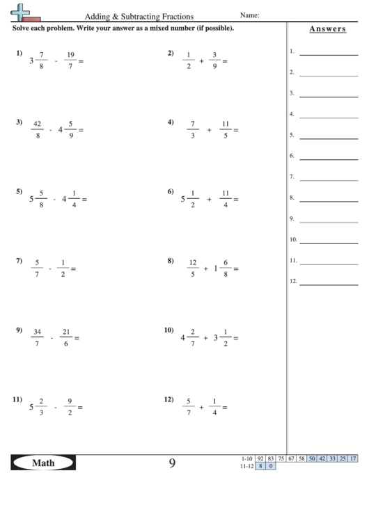 adding and subtracting fractions worksheet with answer key printable