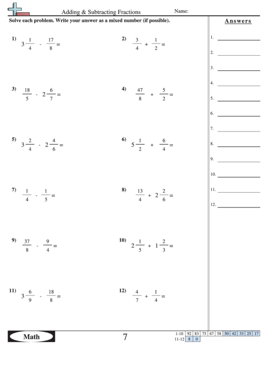 adding and subtracting fractions worksheet with answer key printable