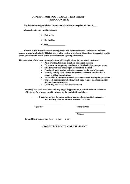 Consent For Root Canal Treatment (Endodontics) Printable pdf