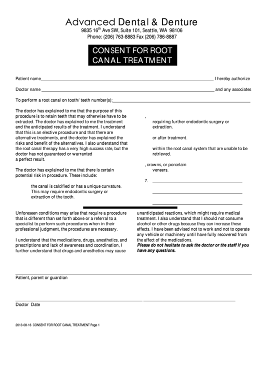 Fillable Consent For Root Canal Treatment Printable pdf