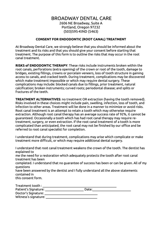 Consent For Endodontic (Root Canal) Treatment Printable pdf