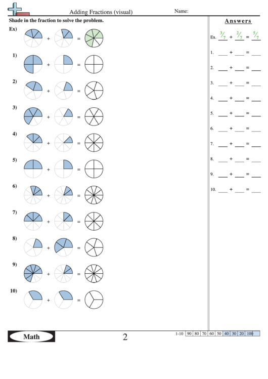 adding fractions visual worksheet with answer key printable pdf download