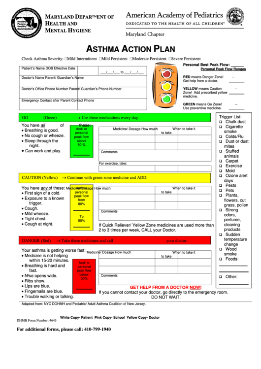 Asthma Action Plan American Academy Of Pediatrics Printable Pdf Download