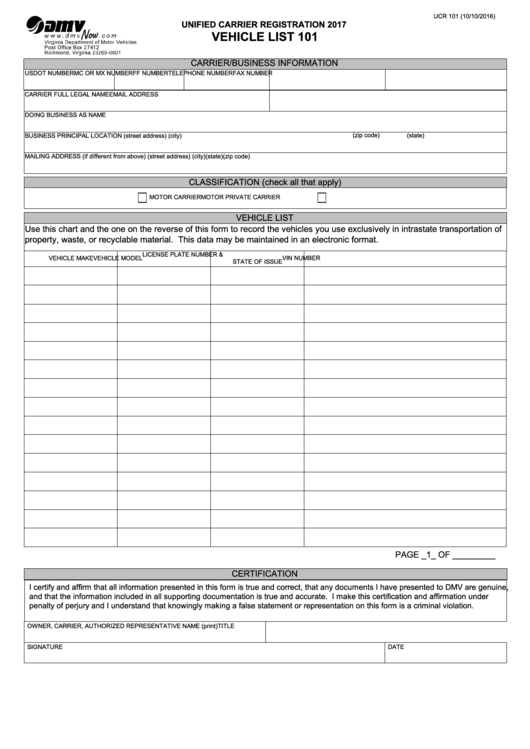 Fillable Form Ucr 101 - Unified Carrier Registration - Vehicle List 101 - 2017 Printable pdf