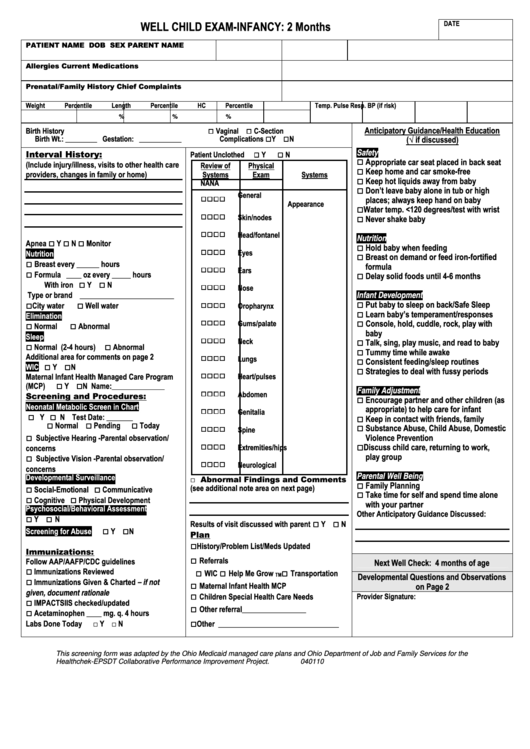 Well Child Exam Infancy 2 Months Printable Pdf Download