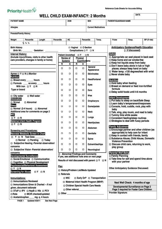 Well Child Exam Form Infancy 2 Months printable pdf download