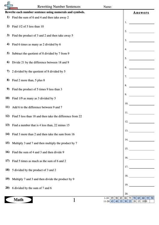 Rewriting Number Sentences Worksheet With Answer Key
