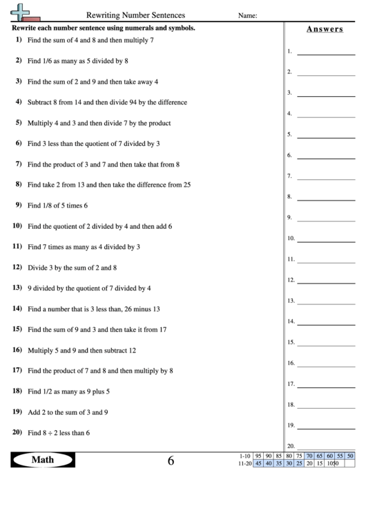 Grade 6 Number Sentences Worksheets