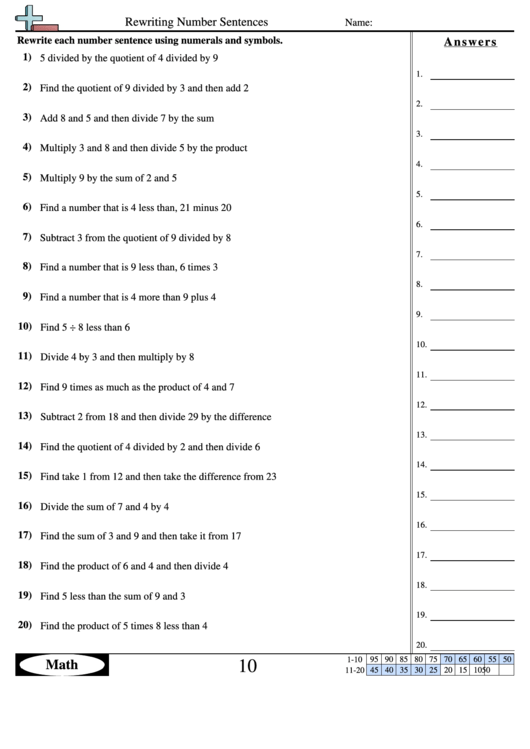 Rewriting Number Sentences Worksheet With Answer Key Printable Pdf Download