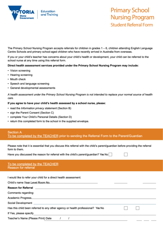 Primary School Nursing Program Student Referral Form Printable pdf