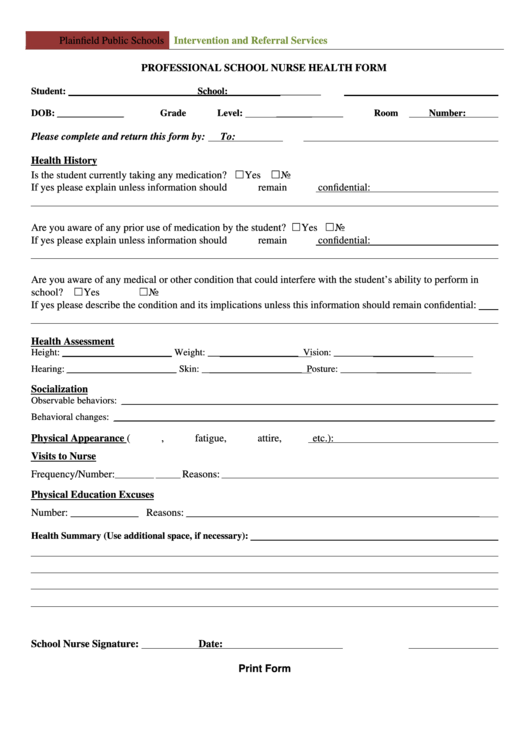 Fillable Professional School Nurse Health Form Printable pdf