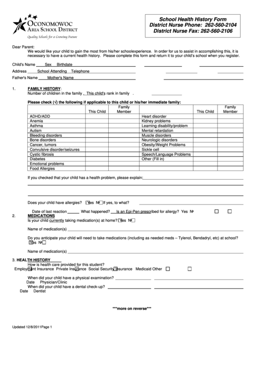 School Health History Form Printable pdf