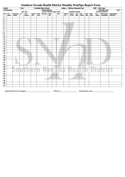 Southern Nevada Health District Monthly Pool/spa Report Form Printable pdf