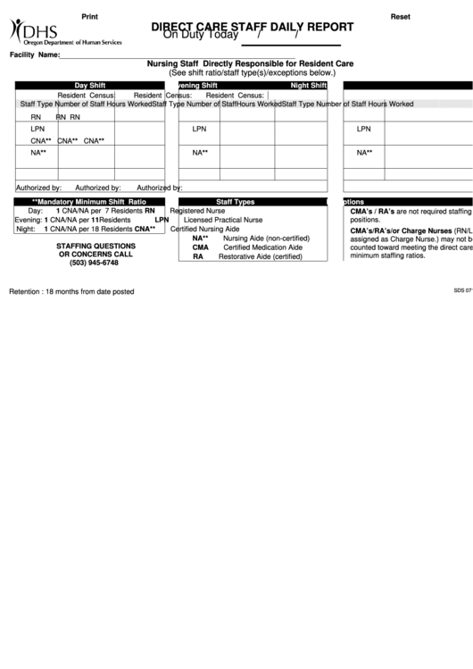 Direct Care Staff Daily Report Printable pdf