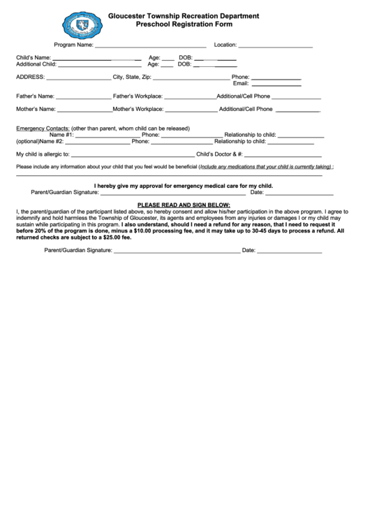 Preschool Registration Form Printable pdf