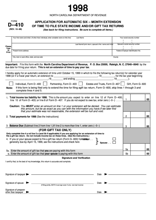 D-410 - Application For Automatic Six-Month Extension Of Time To File State Income And/or Gift Tax Returns Printable pdf