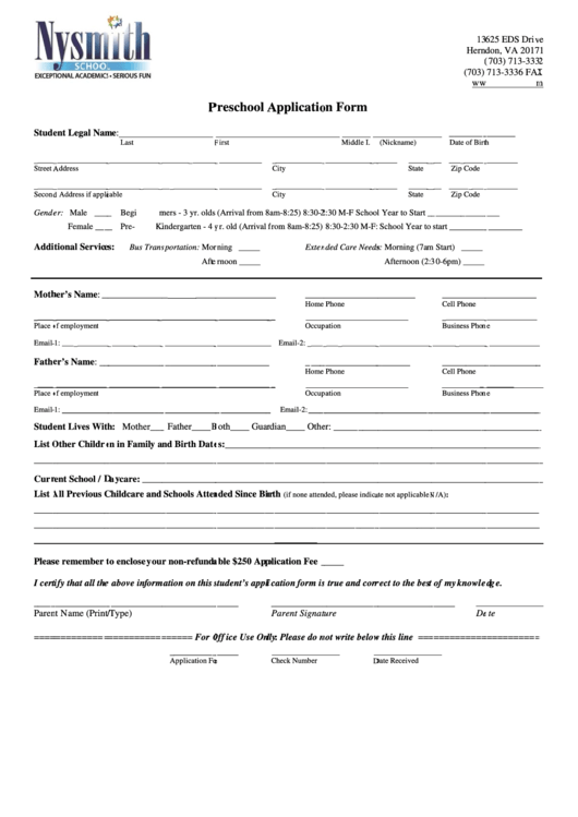 Fillable Preschool Application Form Printable pdf